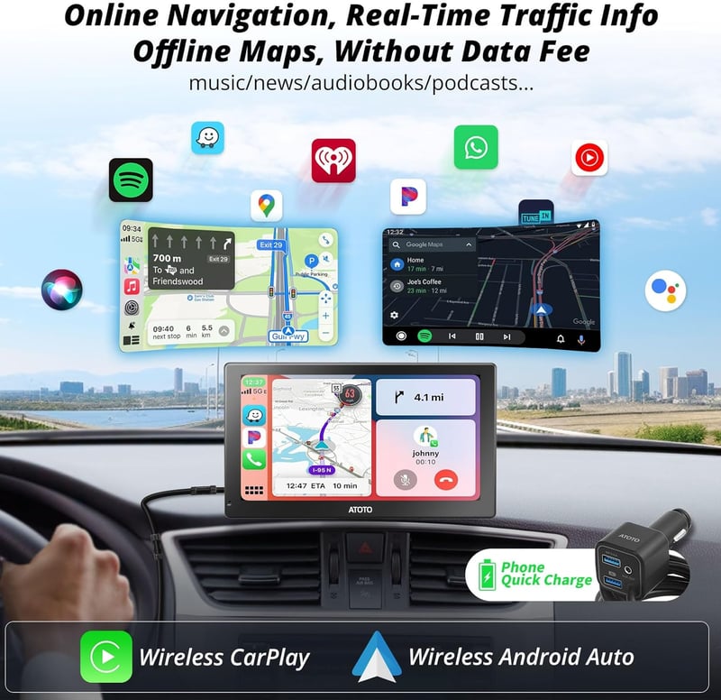 ATOTO P5 Hordozható Autórádió 9" QLED Tükröződésmentes Érintőképernyővel, Vezeték Nélküli CarPlay és Android Auto, Bluetooth, Automatikus Fé