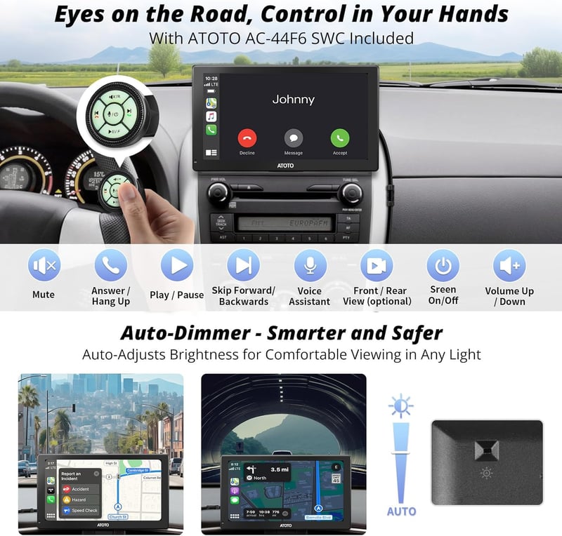 ATOTO P5 Hordozható Autórádió 9" QLED Tükröződésmentes Érintőképernyővel, Vezeték Nélküli CarPlay és Android Auto, Bluetooth, Automatikus Fé