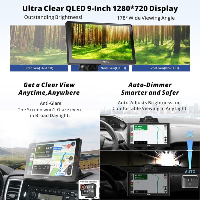 ATOTO P9 9" QLED Android Hordozható Autós Navigáció, 4G+32G Autórádió, Vezeték Nélküli CarPlay, 1080P Tolatókamera, GPS Nyomkövetés, 4G-LTE,