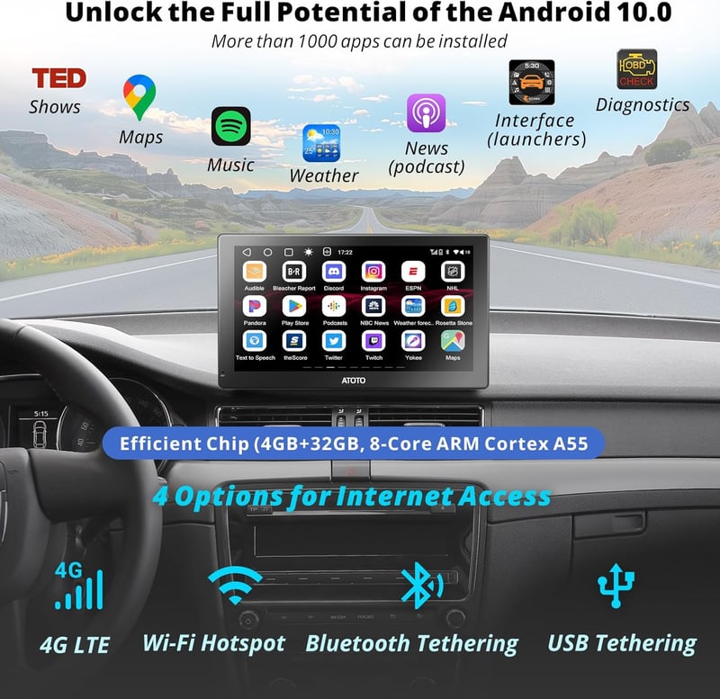 ATOTO P9 9" QLED Android Hordozható Autós Navigáció, 4G+32G Autórádió, Vezeték Nélküli CarPlay, 1080P Tolatókamera, GPS Nyomkövetés, 4G-LTE,
