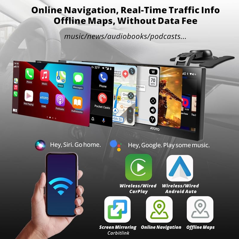 ATOTO P9 9" QLED Android Hordozható Autós Navigáció, 4G+32G Autórádió, Vezeték Nélküli CarPlay, 1080P Tolatókamera, GPS Nyomkövetés, 4G-LTE,