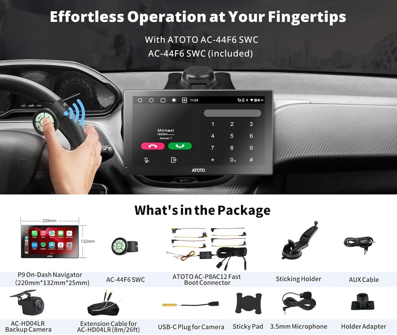ATOTO P9 9" QLED Android Hordozható Autós Navigáció, 4G+32G Autórádió, Vezeték Nélküli CarPlay, 1080P Tolatókamera, GPS Nyomkövetés, 4G-LTE,