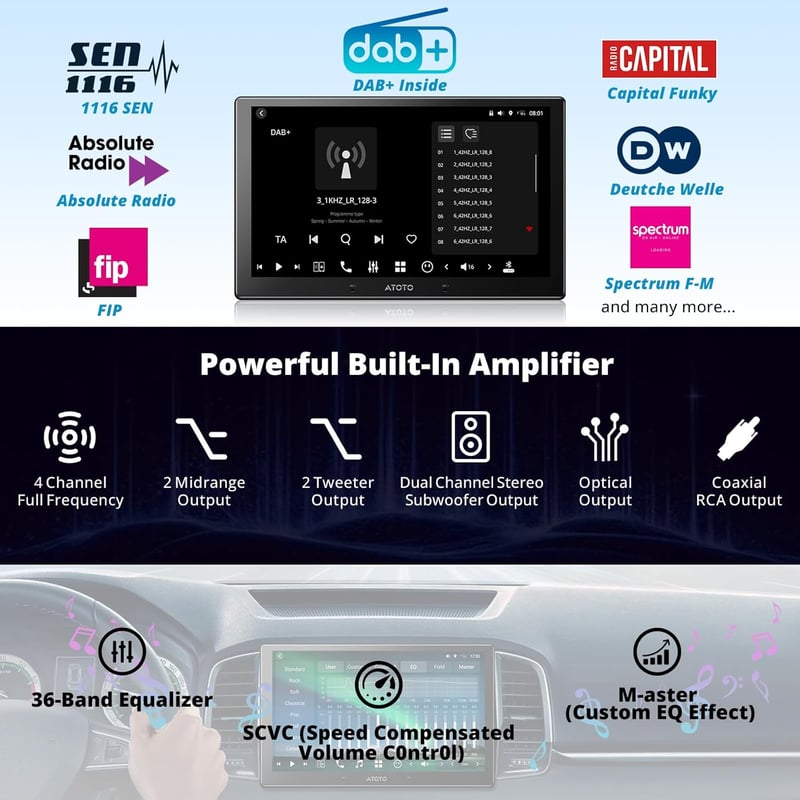 ATOTOZONE 10.1" QLED DAB+ Android Autórádió, 8+128GB, 4G LTE, Wireless CarPlay, GPS, Dual Kamera