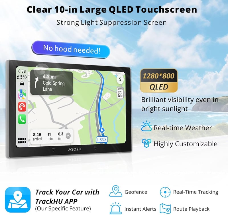 ATOTOZONE 10.1" QLED DAB+ Android Autórádió, 8+128GB, 4G LTE, Wireless CarPlay, GPS, Dual Kamera
