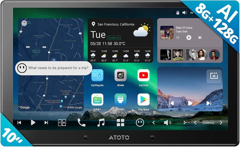 ATOTOZONE 10.1" QLED DAB+ Android Autórádió, 8+128GB, 4G LTE, Wireless CarPlay, GPS, Dual Kamera