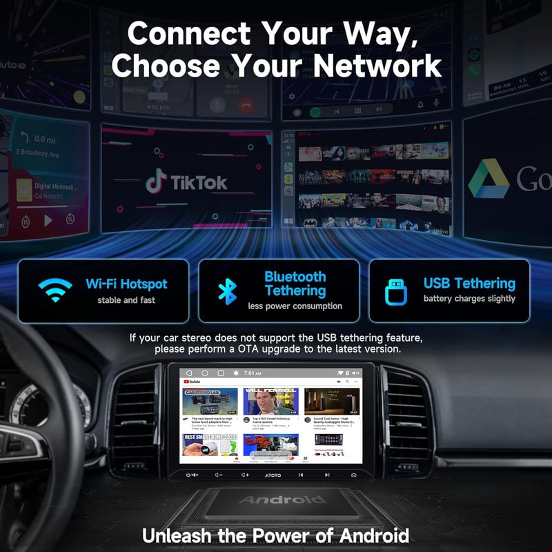 ATOTOZONE A5L 10.1" Android Autórádió WiFi Bluetooth USB CarPlay MirrorLink