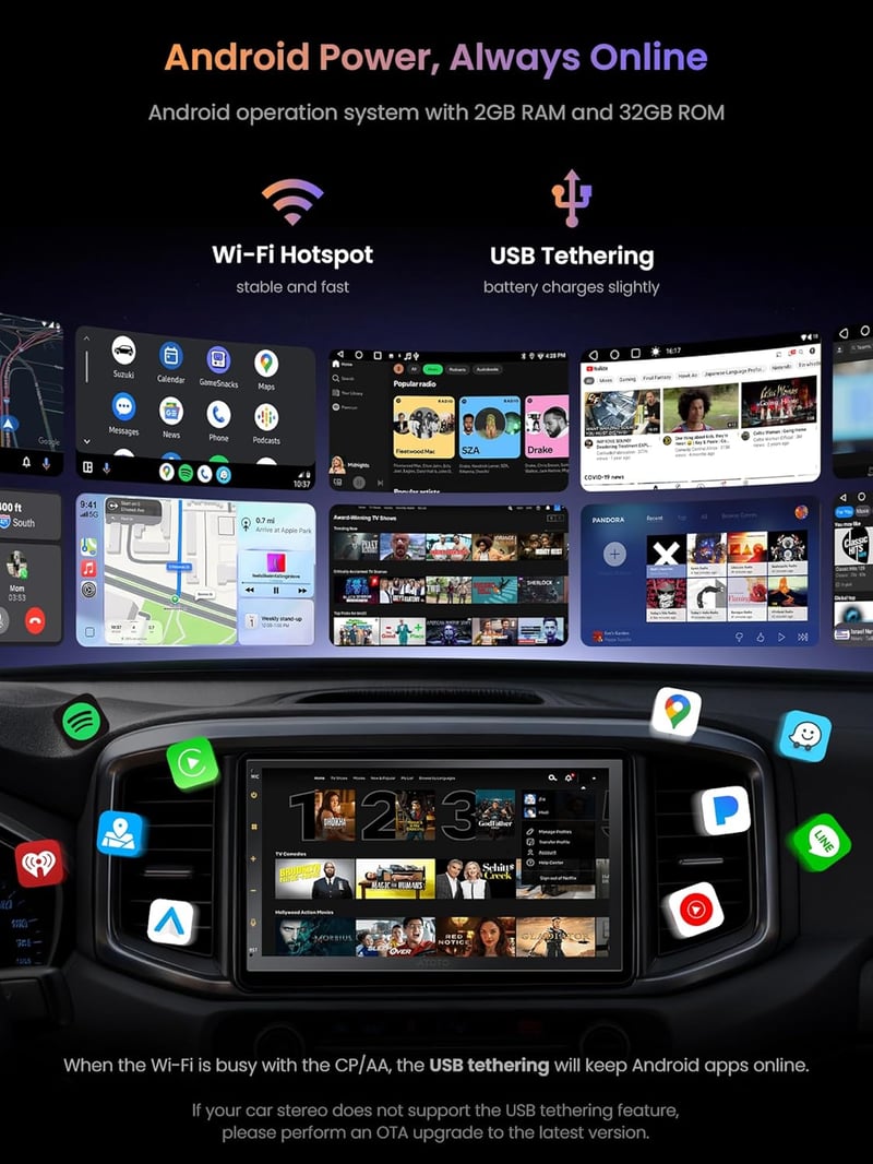 ATOTOZONE A5L Dupla DIN Android Autórádió GPS Navigációval, Wireless CarPlay, 7" Érintőképernyő