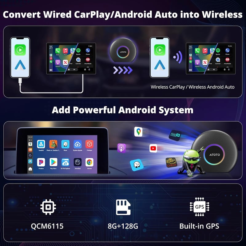 ATOTOZONE CB6 CarPlay AI Box Vezeték nélküli Android autós multimédia 8GB 128GB