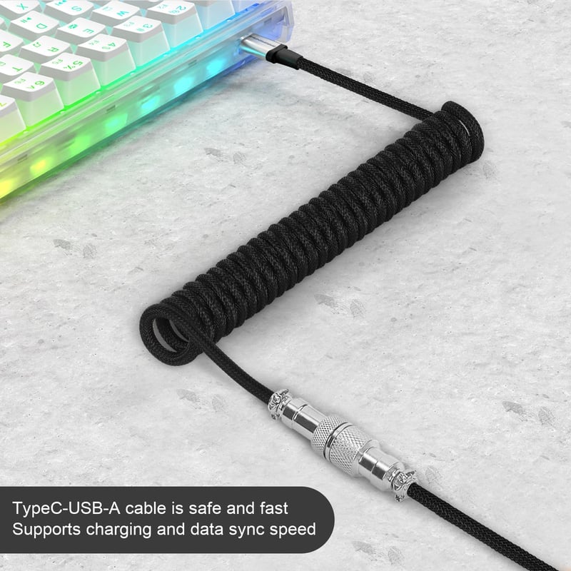 ATTACK SHARK C01 PRO Spirál USB-C Billentyűzet Kábel, Fonott Rugós Vezeték Fém Aviátor Csatlakozóval, Mechanikus Gamer Billentyűzetekhez, 16