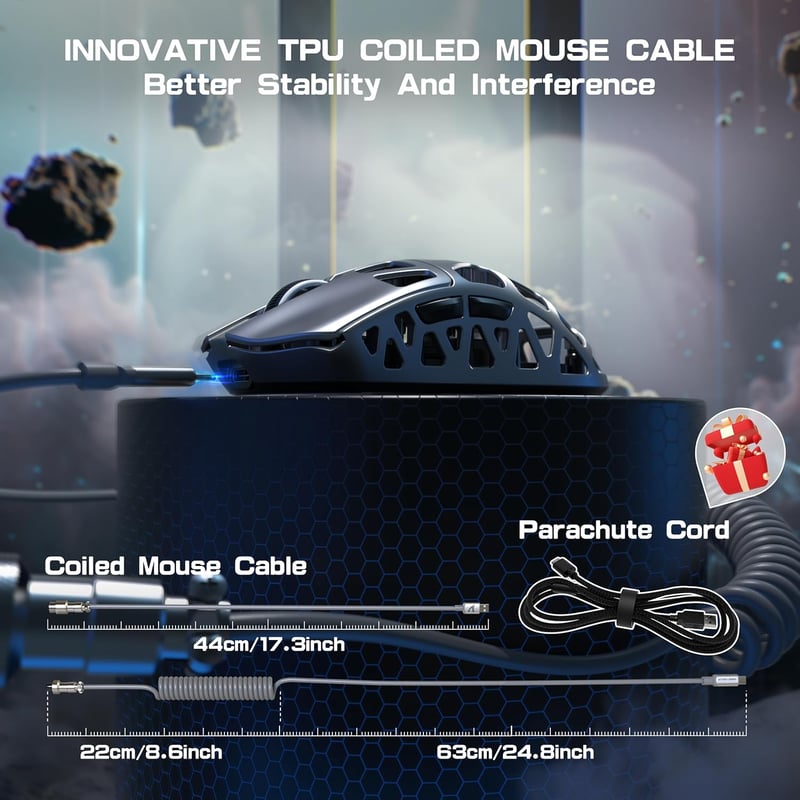 ATTACK SHARK R3PRO 46g Szuperkönyű Magnézium Gamer Egér, 8000Hz Vezeték Nélküli, 26000 DPI, PAW3395 Szenzor, 3 Csatlakozási Mód, Spirálkábel