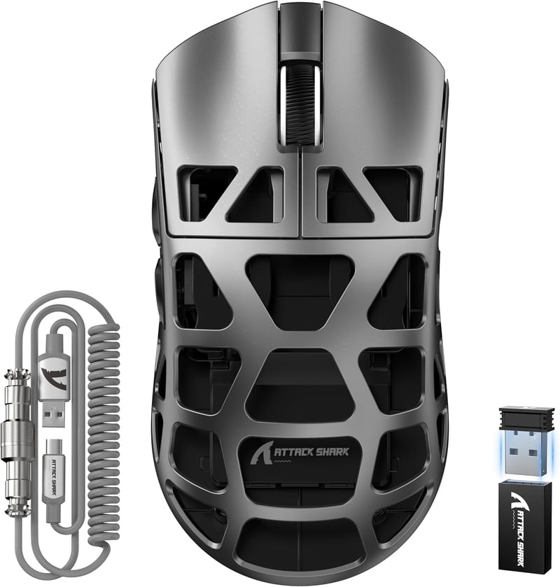 ATTACK SHARK R3PRO 46g Szuperkönyű Magnézium Gamer Egér, 8000Hz Vezeték Nélküli, 26000 DPI, PAW3395 Szenzor, 3 Csatlakozási Mód, Spirálkábel