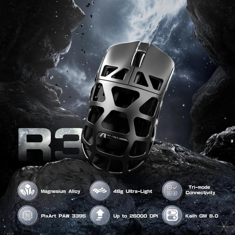 ATTACK SHARK R3PRO 46g Szuperkönyű Magnézium Gamer Egér, 8000Hz Vezeték Nélküli, 26000 DPI, PAW3395 Szenzor, 3 Csatlakozási Mód, Spirálkábel