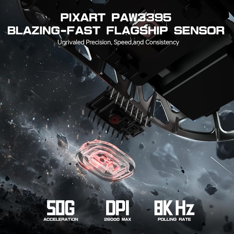 ATTACK SHARK R3PRO 46g Szuperkönyű Magnézium Gamer Egér, 8000Hz Vezeték Nélküli, 26000 DPI, PAW3395 Szenzor, 3 Csatlakozási Mód, Spirálkábel