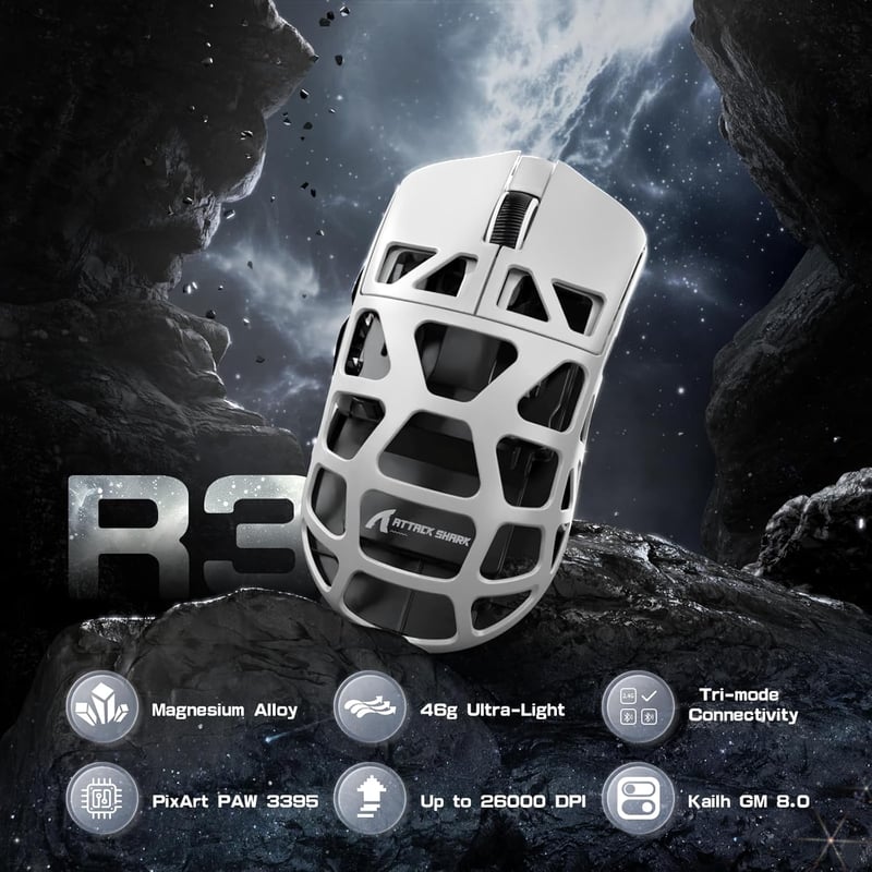 ATTACK SHARK R3PRO Szuperkönnyű Gamer Egér, 46g Magnézium Ötvözet, 8000Hz Vezeték Nélküli, 26000 DPI, Fehér, PC/Mac