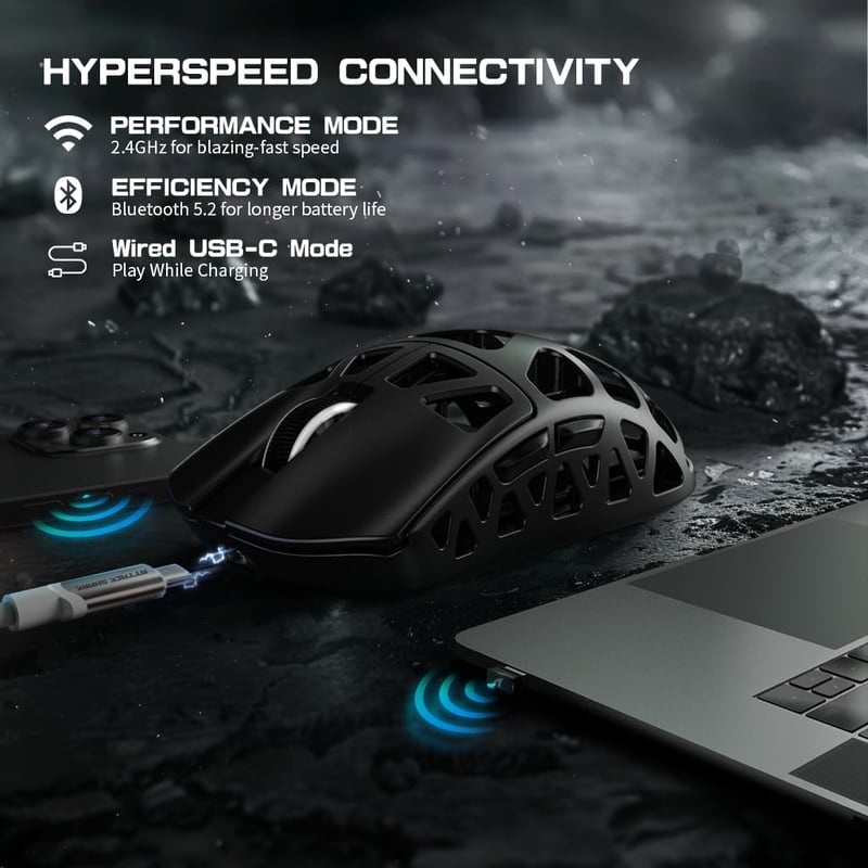 ATTACK SHARK R3PRO Ultrakönnyű Gamer Egér, 46g Magnézium Ház, 8000Hz Vezeték Nélküli, 26000 DPI, PAW3395 Szenzor, 3 Csatlakozási Mód, Spirál
