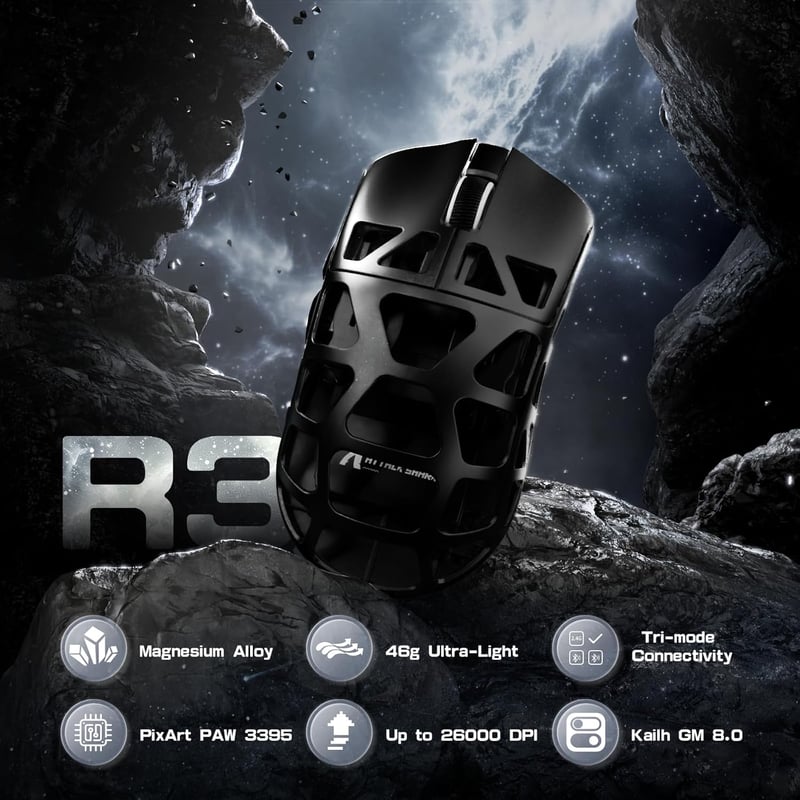 ATTACK SHARK R3PRO Ultrakönnyű Gamer Egér, 46g Magnézium Ház, 8000Hz Vezeték Nélküli, 26000 DPI, PAW3395 Szenzor, 3 Csatlakozási Mód, Spirál