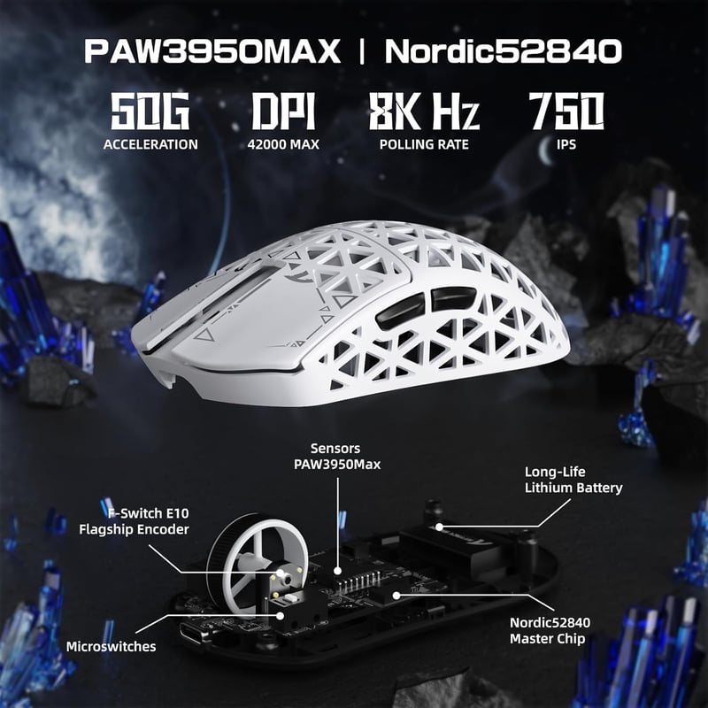ATTACK SHARK R5 Ultra Szénszálas Vezeték Nélküli Gamer Egér, 39g Ultrakönnyű, 8000Hz Mintavétel, 42000DPI, Hármas Csatlakozás, Win/Mac - Feh