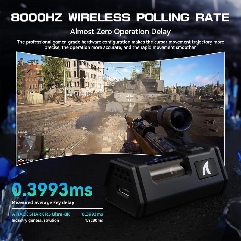 ATTACK SHARK R5 Ultra Szénszálas Vezeték Nélküli Gamer Egér, 39g Ultrakönnyű, 8000Hz Mintavétel, 42000DPI, Hármas Csatlakozás, Win/Mac - Feh