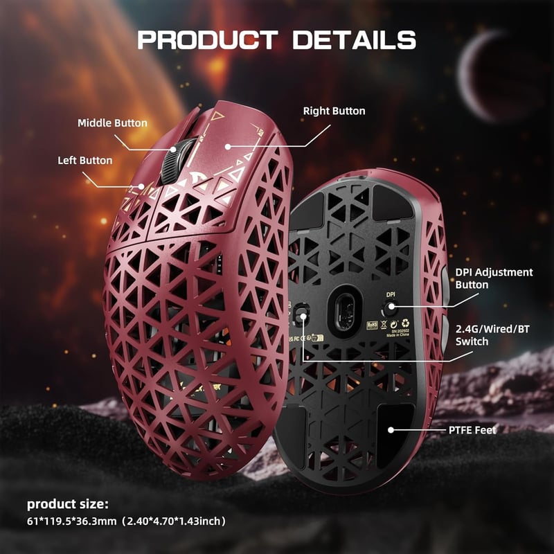 ATTACK SHARK R5 Ultra Szénszálas Vezeték Nélküli Gaming Egér, 39g Ultrakönnyű, 2.4G/Bluetooth/USB-C, 42000DPI, 8000Hz, Piros