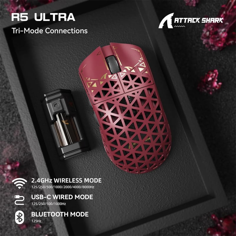 ATTACK SHARK R5 Ultra Szénszálas Vezeték Nélküli Gaming Egér, 39g Ultrakönnyű, 2.4G/Bluetooth/USB-C, 42000DPI, 8000Hz, Piros
