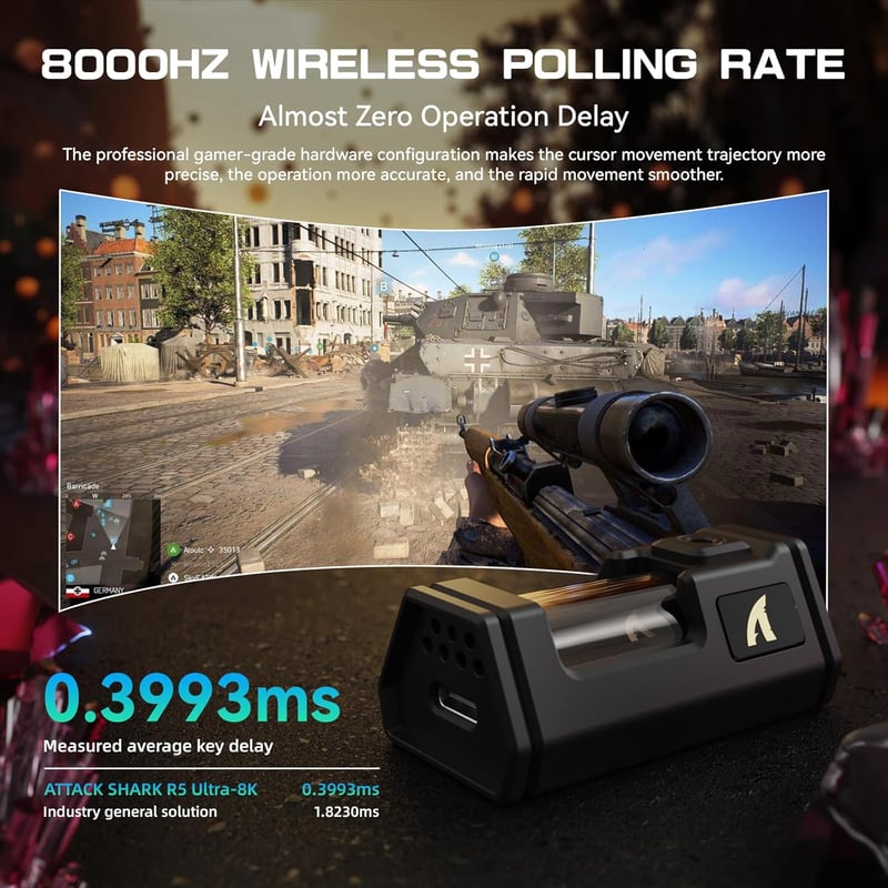 ATTACK SHARK R5 Ultra Szénszálas Vezeték Nélküli Gaming Egér, 39g Ultrakönnyű, 2.4G/Bluetooth/USB-C, 42000DPI, 8000Hz, Piros