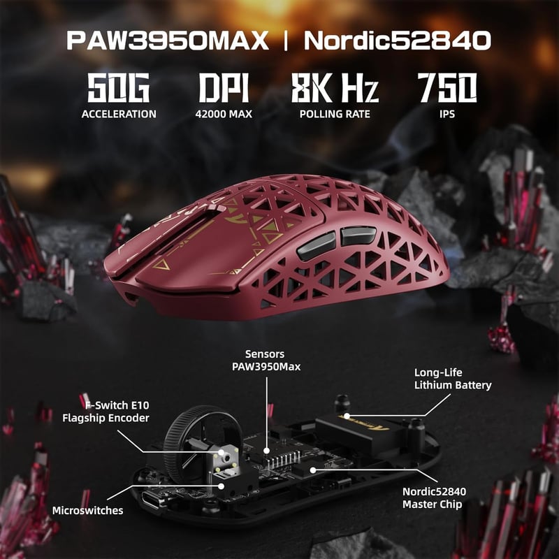 ATTACK SHARK R5 Ultra Szénszálas Vezeték Nélküli Gaming Egér, 39g Ultrakönnyű, 2.4G/Bluetooth/USB-C, 42000DPI, 8000Hz, Piros