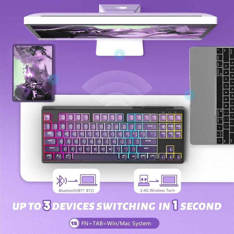 ATTACK SHARK X FREEWOLF M87 80% Wireless Gamer Billentyűzet RGB, TKL Mechanikus Érzet, 4000mAh Akkumulátor, Szilent, Szőlő Lila - Grape Purple
