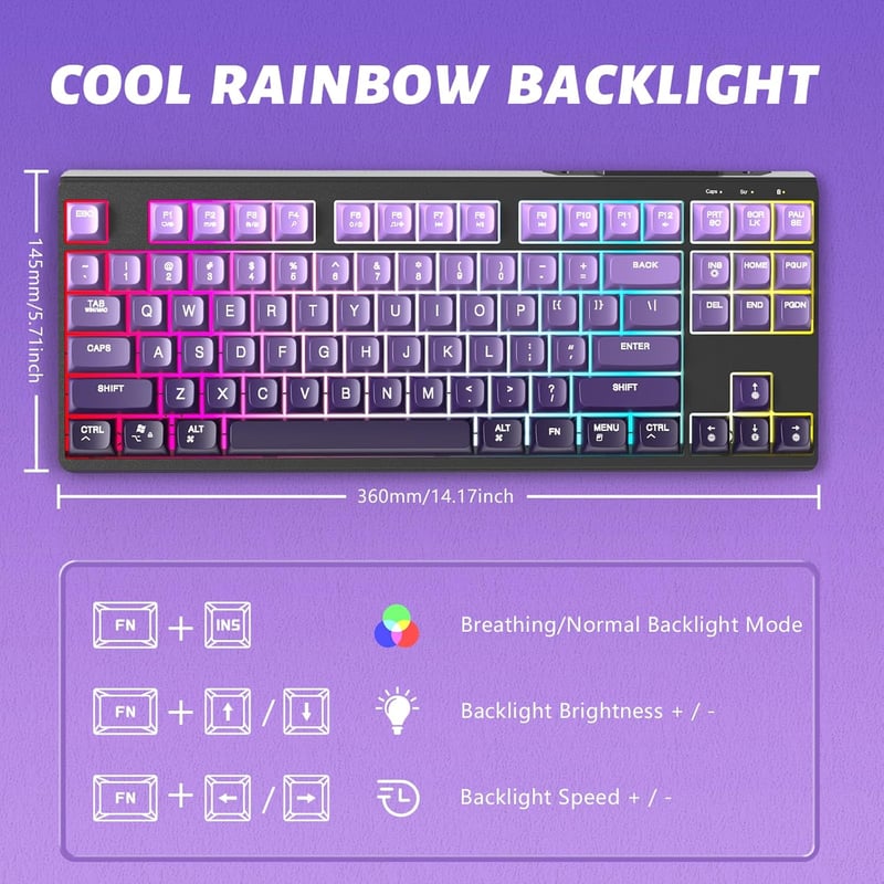 ATTACK SHARK X FREEWOLF M87 80% Wireless Gamer Billentyűzet RGB, TKL Mechanikus Érzet, 4000mAh Akkumulátor, Szilent, Szőlő Lila - Grape Purple
