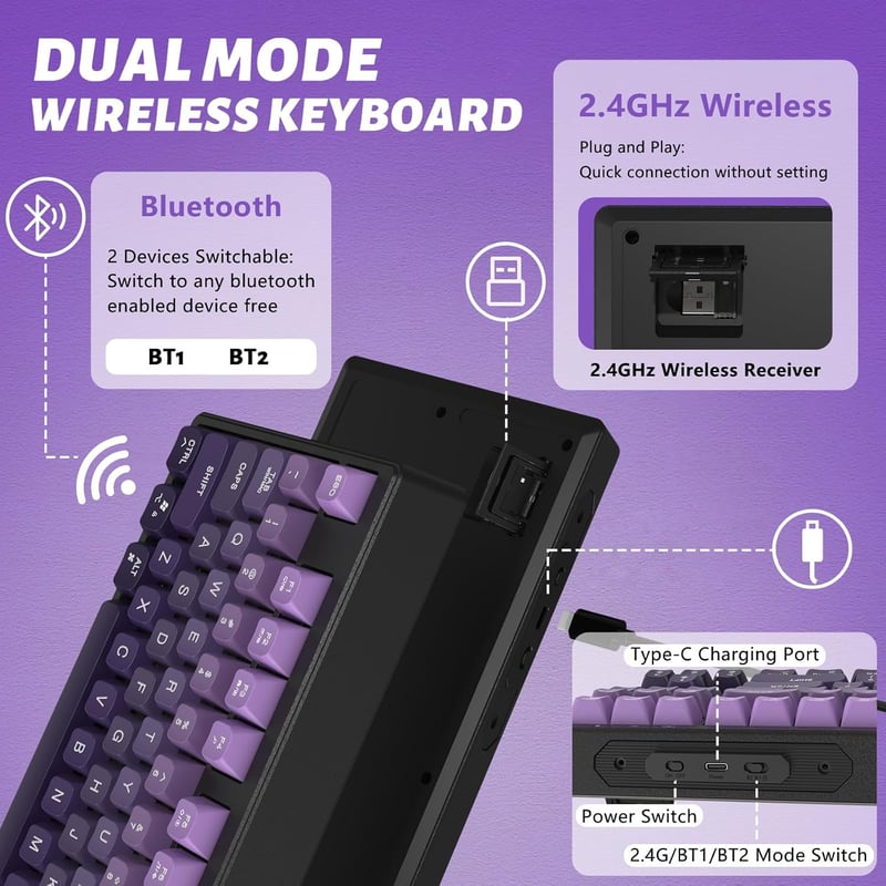 ATTACK SHARK X FREEWOLF M87 80% Wireless Gamer Billentyűzet RGB, TKL Mechanikus Érzet, 4000mAh Akkumulátor, Szilent, Szőlő Lila - Grape Purple