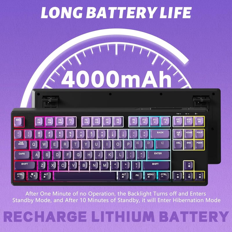 ATTACK SHARK X FREEWOLF M87 80% Wireless Gamer Billentyűzet RGB, TKL Mechanikus Érzet, 4000mAh Akkumulátor, Szilent, Szőlő Lila - Grape Purple