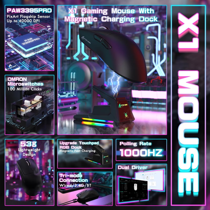 ATTACK SHARK X1 Gaming Egér Mágneses Töltővel, 40000 DPI, Vezeték Nélküli PC/PS/Mac - black