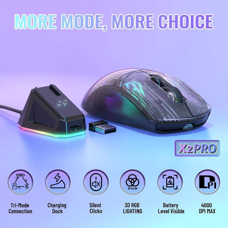 ATTACK SHARK X2 Pro Vezeték Nélküli Gamer Egér Töltőállomással - Halk, 3 Módú (BT5.0/2.4G/Type-C), 4000 DPI RGB, Átlátszó Ház, PC/MAC - 2-black