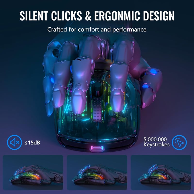 ATTACK SHARK X2 Pro Vezeték Nélküli Gamer Egér Töltőállomással - Halk, 3 Módú (BT5.0/2.4G/Type-C), 4000 DPI RGB, Átlátszó Ház, PC/MAC - 2-black