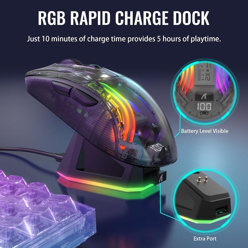 ATTACK SHARK X2 Pro Vezeték Nélküli Gamer Egér Töltőállomással - Halk, 3 Módú (BT5.0/2.4G/Type-C), 4000 DPI RGB, Átlátszó Ház, PC/MAC - 2-black