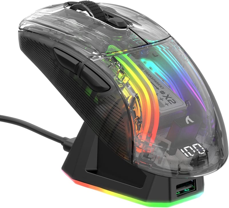 ATTACK SHARK X2 Pro Vezeték Nélküli Gamer Egér Töltőállomással - Halk, 3 Módú (BT5.0/2.4G/Type-C), 4000 DPI RGB, Átlátszó Ház, PC/MAC - 2-black