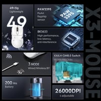 Ultraľahká herná myš ATTACK SHARK X3 49g, senzor PixArt PAW3395, bezdrôtové BT/2.4G a káblové pripojenie, 26000 DPI, 200 hodín výdrž batérie, biela 3