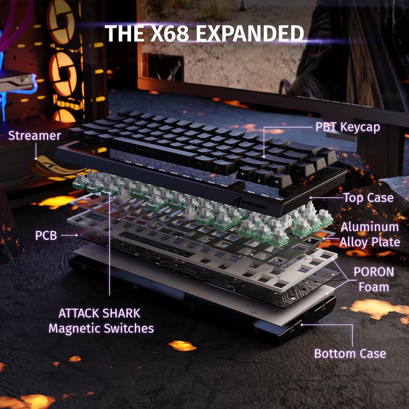 ATTACK SHARK X68 HE 8000Hz Gyors Mechanikus Gamer Billentyűzet, 0.01mm Pontosság, RGB Háttérvilágítás, Mágneses Kapcsolók, 60% Kompakt, PC/M