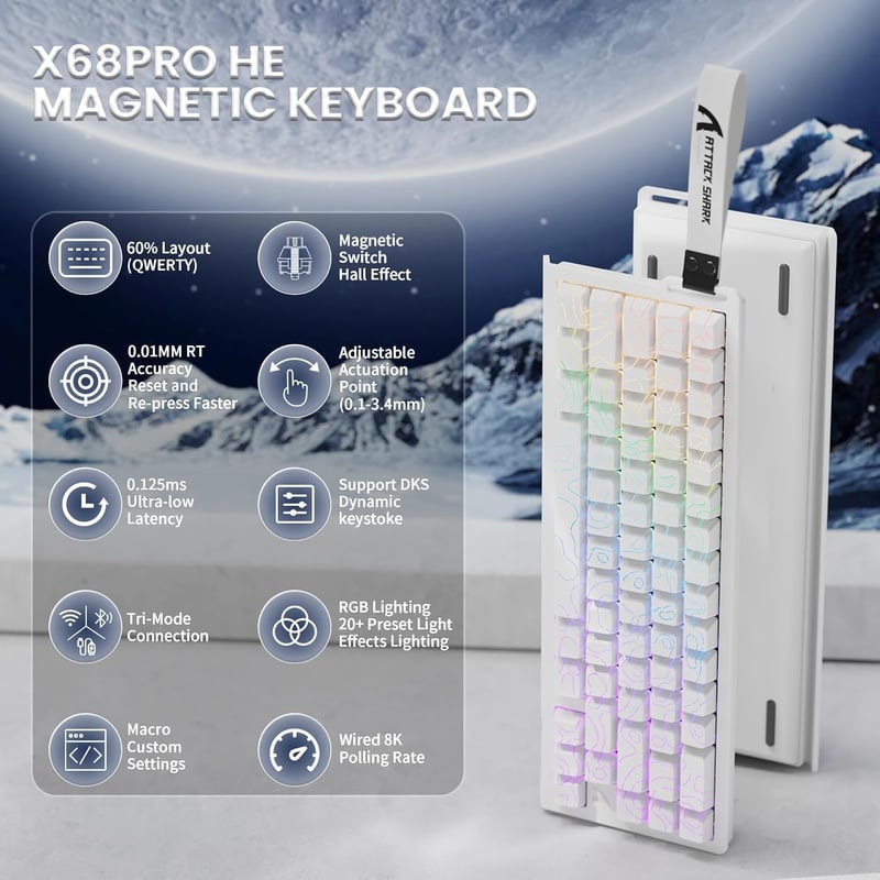 ATTACK SHARK X68PRO HE Vezeték Nélküli Gamer Billentyűzet, 0.01mm Gyors Ravasz, Mágneses Kapcsoló, 8000Hz, RGB, Win/Mac - Fehér