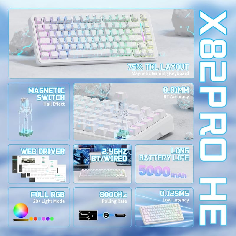 ATTACK SHARK X82PRO HE 75% Vezeték Nélküli Gaming Billentyűzet, Hall-Effekt Mágneses Kapcsolók, 0,01mm Állítható Érzékenység, 8kHz Válaszidő