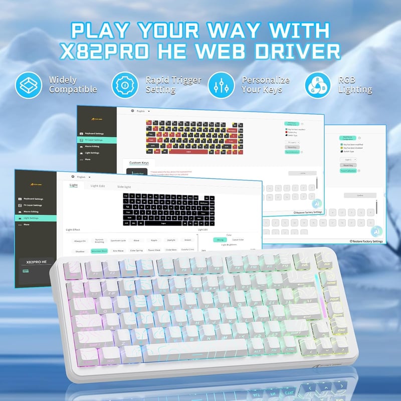 ATTACK SHARK X82PRO HE 75% Vezeték Nélküli Gaming Billentyűzet, Hall-Effekt Mágneses Kapcsolók, 0,01mm Állítható Érzékenység, 8kHz Válaszidő