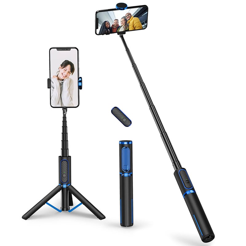 ATUMTEK 3 v 1 Bluetooth selfie tyč so statívom, výsuvná hliníková, s bezdrôtovým diaľkovým ovládaním, pre telefóny iPhone a Samsung, modrá