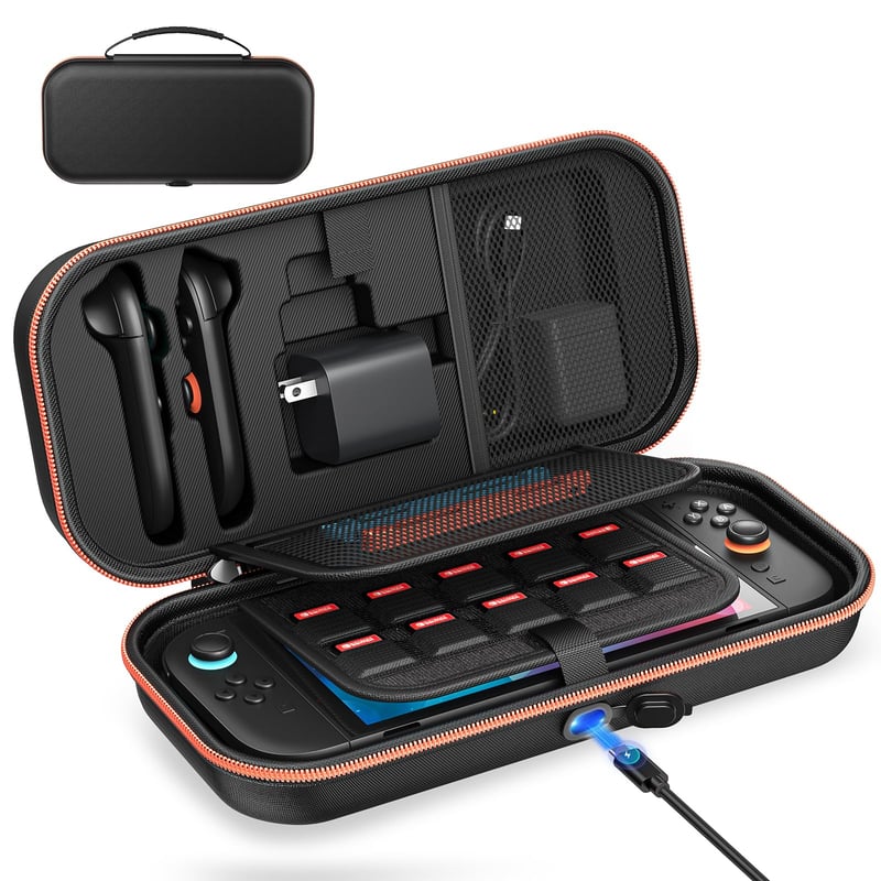 Auarte tvrdé puzdro na Nintendo Switch 2 / OLED / originálne s nabíjaním vnútri, držiakom na 22 herných kariet, priestorom na adaptér a ovládače Joy-Con, vhodné na cestovanie