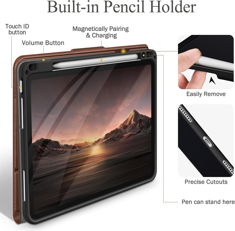 AUAUA iPad Air 11/10.9 Tok M3/M2/5/4 Generációhoz - Ceruza Tartóval, Zsebbel, Állvánnyal, Mágneses Zárral, Auto Alvás/Ébresztés Funkcióval, 