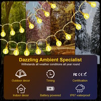 AUAUY Svetelná reťaz s krištáľovými guľami, vonkajšia, na batérie, 6 m, 40 LED, teplá biela, vodotesnosť IP65, so 6-hodinovým časovačom, na Vianoce, do spálne, na svadbu, na balkón 2