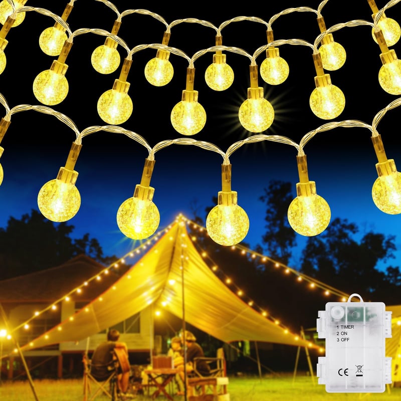 AUAUY Svetelná reťaz s krištáľovými guľami, vonkajšia, na batérie, 6 m, 40 LED, teplá biela, vodotesnosť IP65, so 6-hodinovým časovačom, na Vianoce, do spálne, na svadbu, na balkón
