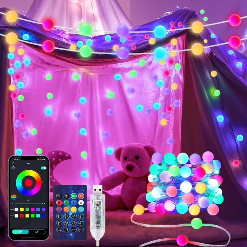 AUAUY pametni USB LED svjetlosni niz s kuglicama, 5 m, 33 LED diode, s daljinskim upravljačem i aplikacijom, dekoracija za unutarnje i vanjske prostore s promjenom boja za božićno drvce, zabave i vjenčanja