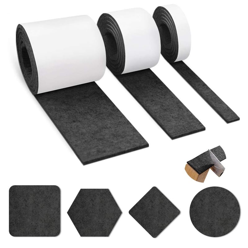 Samolepiace plstené podložky Auckpure, 3 kotúče, čierna plsť 100x10 cm, 100x5 cm, 100x2 cm, ochranné klzáky na nábytok, stoličky a stoly