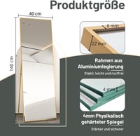 AUFHELLEN Álló Tükör 140x40 cm - Arany Fém Kerettel, HD Minőségű Teljes Alakos Tükörlap, Akasztóval, Nappali és Öltözőszoba Berendezéséhez 2