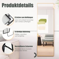 AUFHELLEN Álló Tükör 140x40 cm - Arany Fém Kerettel, HD Minőségű Teljes Alakos Tükörlap, Akasztóval, Nappali és Öltözőszoba Berendezéséhez 4