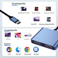 AUKOKIOULA USB-C adaptér na dva DisplayPorty 4K@60Hz, 100W PD, USB 3.0 – modrý 7